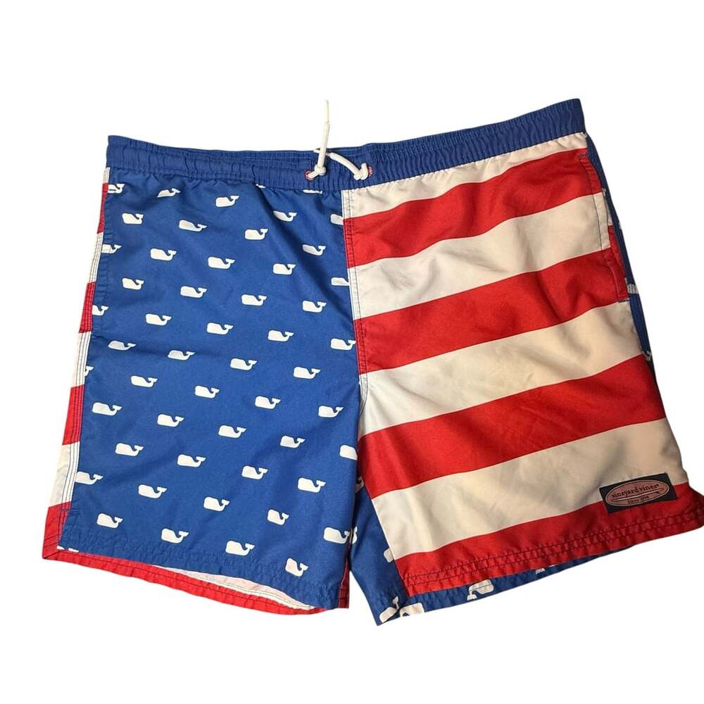Vineyard Vines American Flag Whale Swim Trunks Size L/G